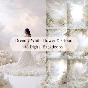May include: A composite image featuring a woman in a white gown amidst a dreamy cloud and flower backdrop. The image includes several digital backdrops with white flowers and cloud themes. Text on the image reads "Dreamy White Flower & Cloud 16 Digital Backdrops."