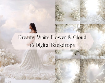 Etherische wolk en witte bloemen digitale achtergronden voor heldere romantische zwangerschapsportretfotografie, witte kamerachtergrond, Photoshop-overlays