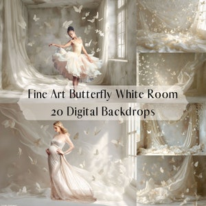 Fine Art White Room Digital Backdrops, Whimsy Butterfly, Maternity Portrait Photography Digital Background, Natural Light Photoshop overlays