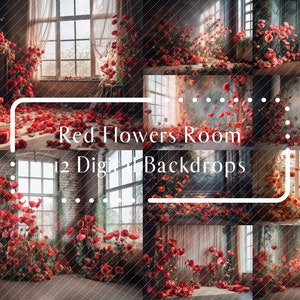 12 rode bloemen kamer digitale achtergronden, moederschap familieportret digitale overlays, studio fotografie digitale achtergrond, Photoshop overlays