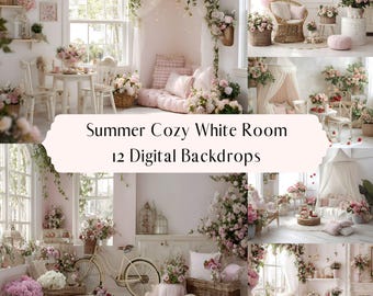 Romantische zwaan Bloemenkamer Digitale achtergronden, moederschapsbruiloft portretachtergrond, witte studiogordijnen, roze bloemen, Photoshop-overlays