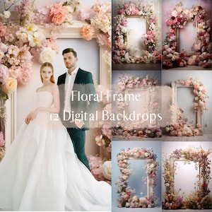 12 décors numériques de cadre floral, superpositions numériques de portrait de mariage de maternité, fond numérique de photographie de studio, superpositions de Photoshop