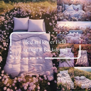 May include: A bed with a white duvet cover and two pillows sits in a field of purple flowers. The text "Bed in Flower Field 14 Digital Backdrops" is superimposed on the image.