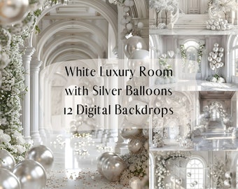 Habitación de lujo blanca con fondos digitales de globos plateados, superposiciones digitales de retratos de maternidad, fondo de fotografía de estudio, compuesto fotográfico