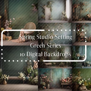 May include: A collage of ten digital backdrops with a spring studio setting, green series. Each backdrop features floral arrangements, vintage furniture, and a green or teal background. The text "Spring Studio Setting Green Series 10 Digital Backdrops" is displayed.