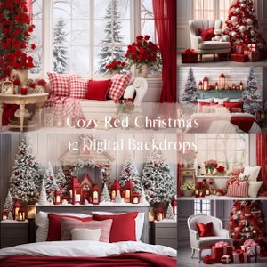 Cozy Red Christmas Digital Backdrops Composite Photography Holiday, Photoshop overlays, Kids Family Maternity Digital Background