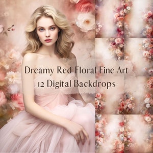 12 Dreamy Red Floral Fine Art Digital Backdrops, Photoshop Texture Overlays, Maternity Backdrop Overlays, Photography Digital Background