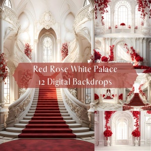 Red Rose White Palace Digital Backdrops, Wedding Family Maternity Photography Digital Background, Photoshop Overlays, Valentine's Composite