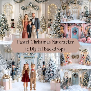 Pastel Christmas Nutcrackers Digital Backdrops, Studio Backdrops Holiday Winter, Photoshop overlays, Family Kids Photography Background