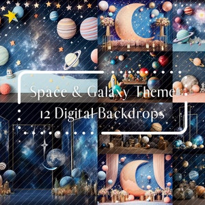 12 Space and Galaxy Theme Digital Backdrops, Kids Birthday Backdrops, Photoshop overlays, Cake Smash Digital Background, Studio Photography