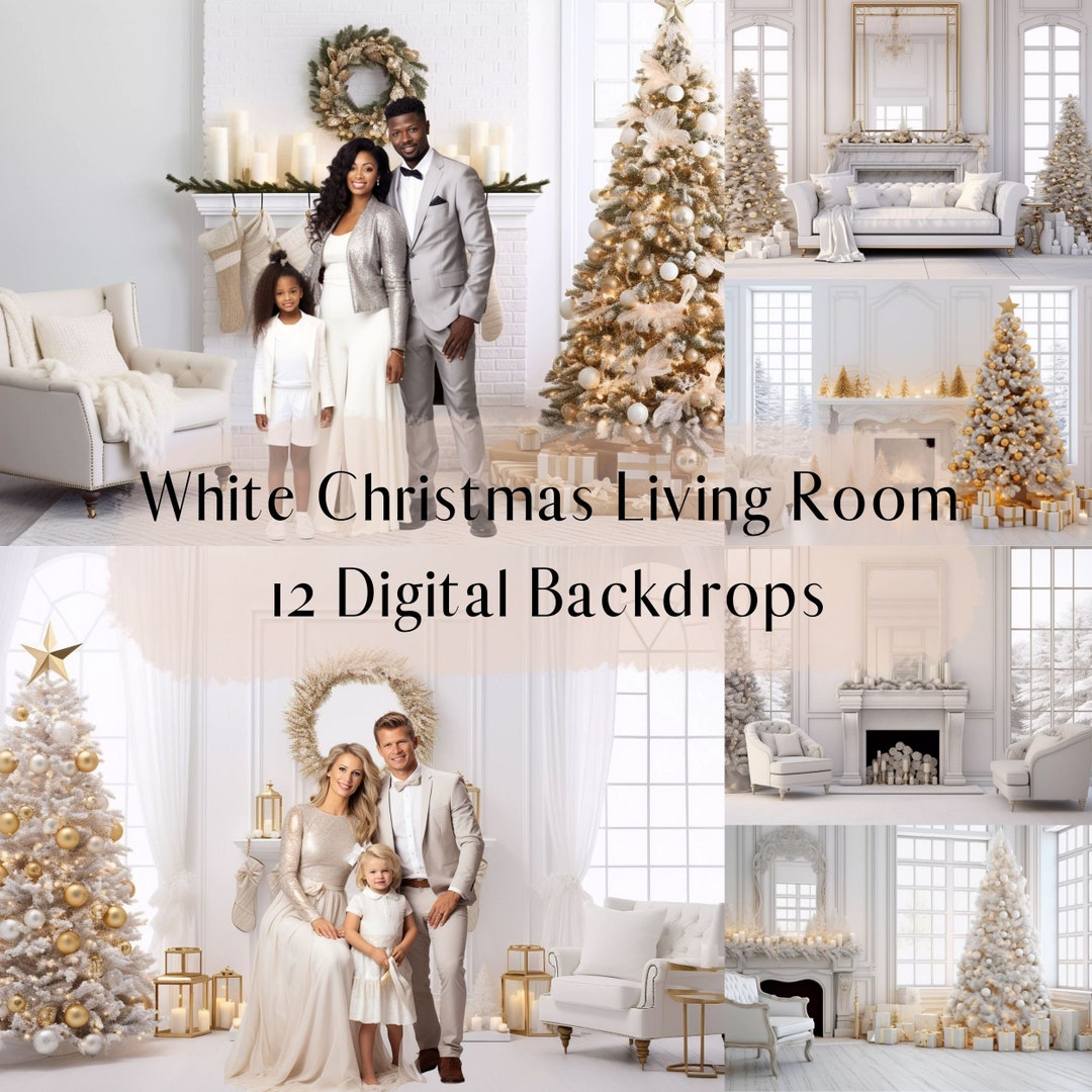 White Christmas Living Room Digital Backdrops Bundle, Composite ...