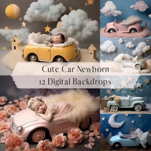 Ensemble de toile de fond numérique pour nouveau-né de voiture mignonne, superpositions composites de photographie de nouveau-né, superpositions Photoshop, fond numérique adorable de studio