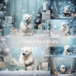 Christmas Polar Bear Digital Backdrops, Composite Backdrops Holiday Winter,Photoshop overlays,Kids Cake Smash Photography Digital Background
