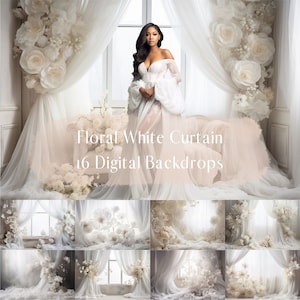 Fine Art Floral White Curtain Digital Backdrop, Gothic Romantic, Photoshop Overlays, Maternity Background, Photography Digital Background