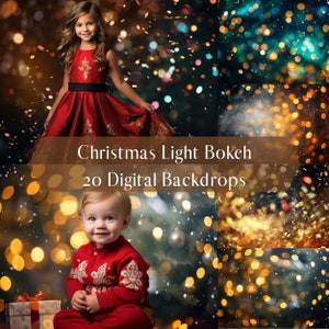 May include: 20 digital backdrops featuring a bokeh effect of Christmas lights in various colours, including gold, blue, and red. The backdrops are perfect for adding a festive touch to your photos.
