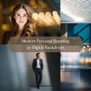 May include: A collage showing a woman and a man in business attire, set against architectural backdrops. The image includes the text "Modern Personal Branding" and "30 Digital Backdrops."