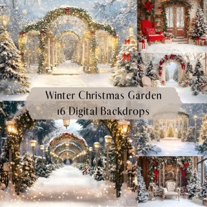 Winter Christmas Garden Digital Backdrops, Outdoor Backdrops Holiday Winter, Photoshop overlays, Family Kids Photography Digital Background