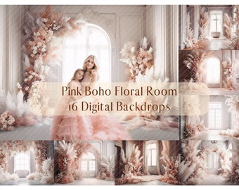 Photography Digital Backdrops Pink Boho Floral Room, Maternity Family Wedding Backdrop Overlays, Photoshop Overlays,Studio Portrait Backdrop
