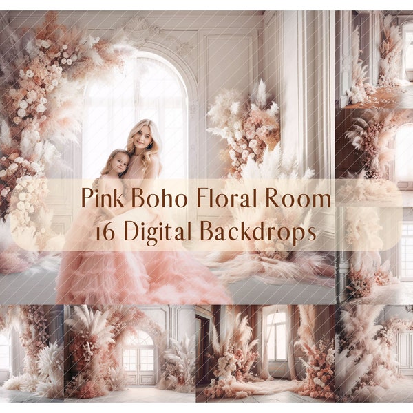 Photographie Digital Backdrops Rose Boho Floral Room, Superpositions de toile de fond de mariage de famille de maternité, Photoshop Overlays, Studio Portrait Backdrop
