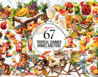 Tropischer Sommer Aquarell Clipart Bundle - 67 PNG Sonnige Tropenbilder, Sommerferien Grafiken, sofortiger digitaler Download, kommerzielle Nutzung