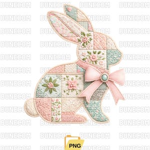 May include: A pastel-colored patchwork bunny decoration with a pink bow and a turquoise center. The bunny is made of squares in shades of pink, blue, and cream, with floral embroidery details. The overall theme is Easter and spring.
