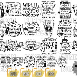 Puede incluir: Colección de archivos digitales en blanco y negro (SVG, PNG, DXF, EPS) con diseños relacionados con el baño. Los diseños presentan citas humorísticas e ilustraciones sobre inodoros, higiene y actividades de baño.