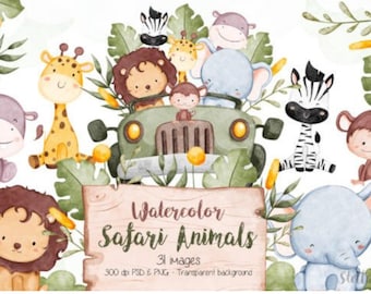 Clipart de safari dulce en acuarela, clipart de safari, animales de la selva (PPT), león, cebra, elefante (PPT), clipart de guardería, clipart de cumpleaños