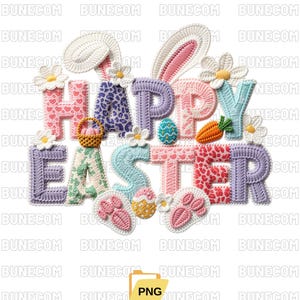 May include: An embroidered Easter design with the words "HAPPY EASTER". The design features bunny ears, flowers, an Easter basket, an egg, and a carrot. The letters are in various colours and patterns.