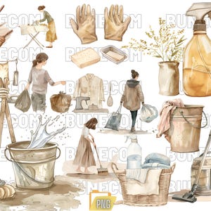 Cute Housekeeping Clipart, Watercolor Cleaning Supplies, Cleaning Clipart Bundle, Laundry Clipart, Cleaning Service PNG, Chore Clipart