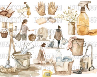 Cute Housekeeping Clipart, Watercolor Cleaning Supplies, Cleaning Clipart Bundle, Laundry Clipart, Cleaning Service PNG, Chore Clipart