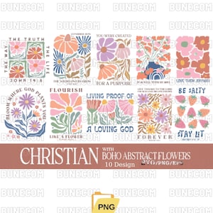 Christian Boho Floral SVG PNG Bundle, Faith-Based Retro Flower Designs, Religious Sublimation, Inspirational Bible Verse Clipart