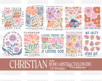 Paquete SVG PNG floral bohemio cristiano, diseños florales retro inspirados en la fe, sublimación religiosa, imágenes prediseñadas de versículos bíblicos inspiradores