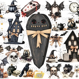 Watercolor Cozy Halloween Clipart, Neutral Spooky Halloween Clip Art, Modern Halloween PNG Bundle, Commercial Use, Digital stickers