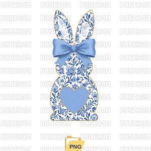 May include: A decorative Easter bunny cutout with a blue bow and heart. The bunny is white with a blue floral pattern and gold trim. The heart and bow are solid blue. The image has a PNG file format.
