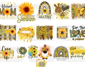 Puede incluir: Un collage digital de 10 imágenes con girasoles, arcoíris, signos de paz, abejas, gnomos y texto inspirador. El texto incluye frases como "mamá bendita", "eres mi sol", "por el amor al sol", y "entrega especial".