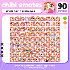 x90 Chibi Emotes | MEGA PACK/BUNDLE | Ginger/Red Hair/Green Eyes | Twitch/Discord/YouTube/Streaming | Cute Gamer Girl Emotes