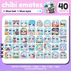 P2U Süßer Chibi Blaue Haare/Blaue Augen Emote PACK 2 x40 | Emotes BUNDLE | Twitch/Discord/Youtube/streaming | Kawaii Girl Emotes