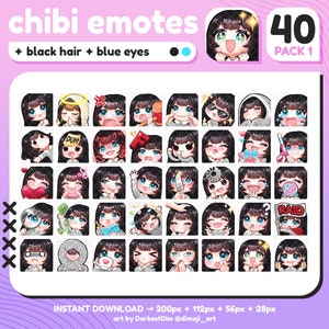 P2U Cute Chibi Black Hair/Blue Eyes Emote PACK 1 x40 | Emotes BUNDLE | Twitch/Discord/YouTube/Streaming | Kawaii Girl Emotes