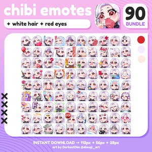 x90 Chibi Emotes | MEGA PACK/BUNDLE | White/Silver Hair/Red Eyes | Twitch/Discord/YouTube/Streaming | Cute Gamer Girl Emotes