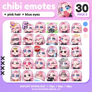 x30 Chibi Emotes | EMOTE BUNDLE 3/3 | Pink Hair/Blue Eyes | Twitch/Discord/YouTube/Streaming | Cute Gamer Girl Emotes