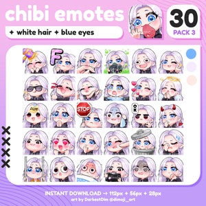x30 Chibi Emotes | EMOTE BUNDLE 3/3 | White/Silver Hair/Blue Eyes | Twitch/Discord/YouTube/Streaming | Cute Gamer Girl Emotes