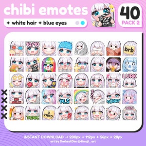 Paquete de 2 emoticones P2U de cabello blanco y ojos azules (40 unidades) / Paquete de emoticones / Twitch / Discord / YouTube / Transmisión / Emoticones de chica kawaii
