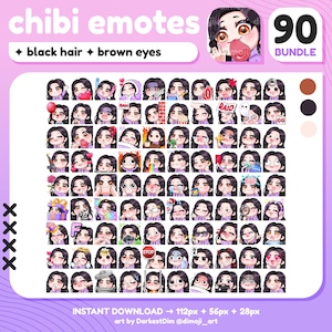x90 Chibi Emotes | MEGA PACK/BUNDLE | Black Hair/Brown Eyes | Twitch/Discord/YouTube/Streaming | Cute Gamer Girl Emotes