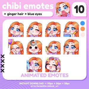10x Chibi ANIMIERTE EMOTES | Rot/Ingwer Haar/Blaue Augen | Twitch/Discord/YouTube | Niedliche Gamer Girl Emotes