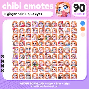 x90 Chibi Emotes / MEGA PACK/BUNDLE / Jengibre/Pelo Rojo/Ojos Azules / Twitch/Discord/YouTube/Streaming / Cute Gamer Girl Emotes
