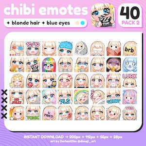 Lot de 2 emotes mignons chibi cheveux blonds/yeux bleus P2U | PACK Émoticônes | Twitch/Discord/YouTube/Streaming | Émoticônes fille kawaii