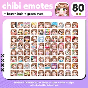 P2U Cute Chibi Brown Hair/Green Eyes Emote MEGA PACK x80 | Emotes BUNDLE | Twitch/Discord/YouTube/Streaming | Kawaii Girl Emotes