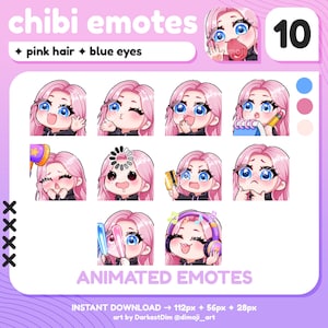 10 EMOTE ANIMATE Chibi / Capelli rosa/Occhi azzurri / Twitch/Discord/YouTube / Emote per ragazza giocatore carina