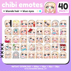 Lot d'émoticônes mignons chibi cheveux blonds/yeux bleus P2U 1 x 40 | PACK Émoticônes | Twitch/Discord/YouTube/Streaming | Émoticônes fille kawaii
