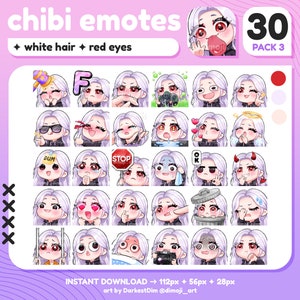 x30 Chibi Emotes | EMOTE BUNDLE 3/3 | White/Silver Hair/Red Eyes | Twitch/Discord/YouTube/Streaming | Cute Gamer Girl Emotes